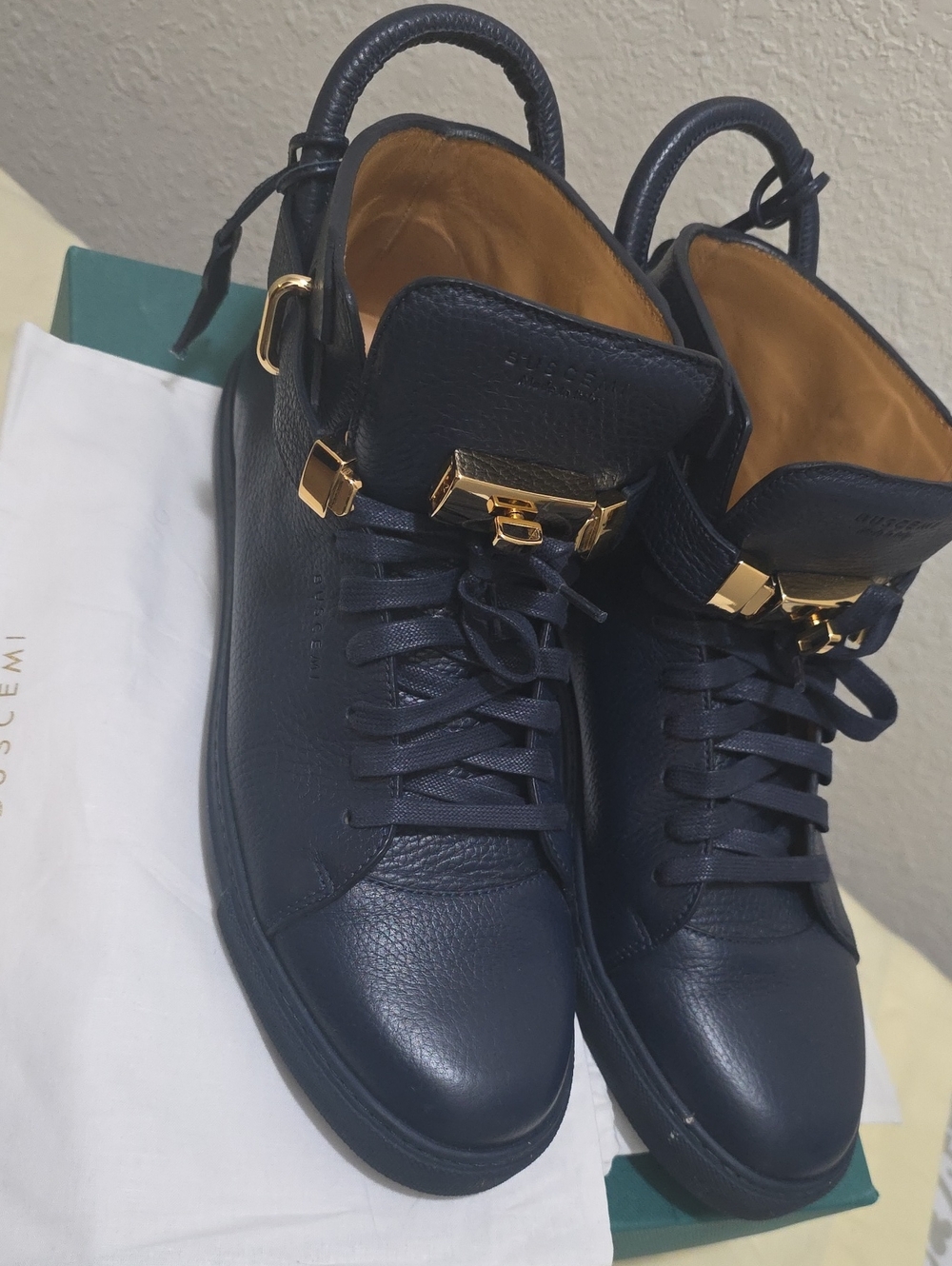 Buscemi Navy Leather High-Top Sneakers with Gold Hardware Accent